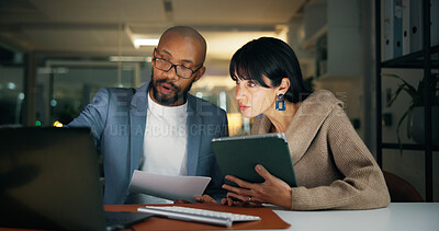 Buy stock photo Laptop, team and business people in office for report, collaboration and feedback. Tech, drafting proposal and research with discussion for proofreading, review and editing publication at night