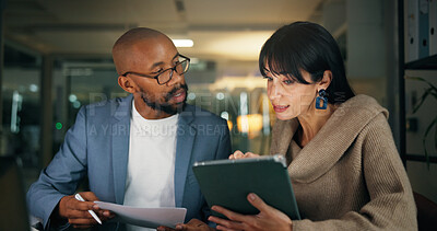 Buy stock photo Tablet, team and business people in office for report, collaboration and feedback. Tech, drafting proposal and research with discussion for proofreading, review and editing publication at night