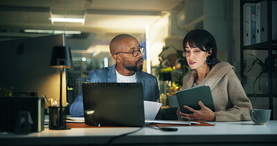 Buy stock photo Tech, team and business people in office for report, collaboration and feedback. Laptop, tablet proposal and research with discussion for proofreading, review and editing publication at night