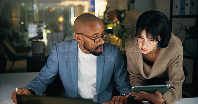 Buy stock photo Tablet, discussion and business people in office for report, collaboration and feedback. Laptop, drafting proposal and research with team for proofreading, review and editing publication at night