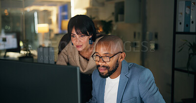 Buy stock photo Business, people and meeting with computer at night for research, finance report and budget. Team, pc and reading information for audit, financial evaluation and working late of investment deadline
