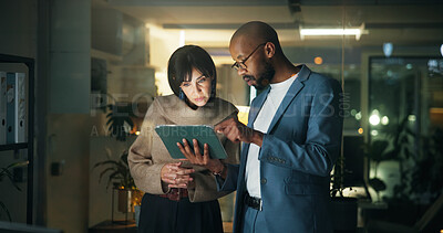 Buy stock photo Tablet, conversation and business people in office for report, collaboration and feedback. Tech, drafting proposal and research with team for proofreading, review and editing publication at night