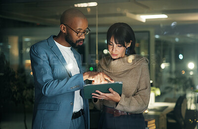 Buy stock photo Tablet, collaboration and business people in office for report, conversation and feedback. Tech, drafting proposal and research with team for proofreading, review and editing publication at night