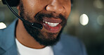 Call center, mouth and business black man in office for security, emergency hotline and night. Virtual advisor, dispatch operator and alarm verification specialist with person and overtime bokeh