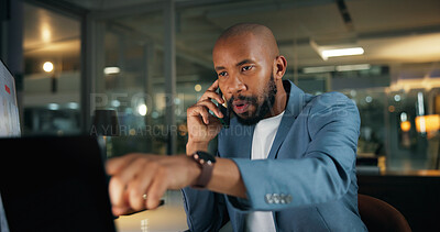 Buy stock photo Night, phone call and man with laptop, office and communication with contact for financial analysis. Working late, consultation and investment analyst with tech for wealth management, mobile and chat