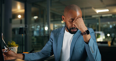 Buy stock photo Black man, headache and eye strain at night, office and overwhelmed with stress at media company. African person, writer or editor with glasses, pain and frustrated with burnout at creative agency