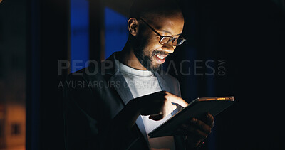 Buy stock photo Tablet, happy and black man in city at night with communication for finance review. Digital technology, research and African male financial manager with email for investment proposal in urban town.