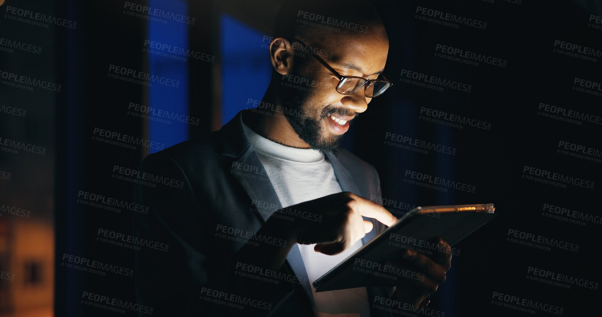 Buy stock photo Tablet, happy and black man in city at night with communication for finance review. Digital technology, research and African male financial manager with email for investment proposal in urban town.