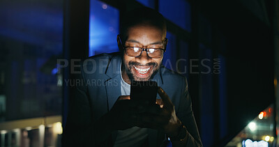 Buy stock photo Smile, night and black man in city with phone, bokeh and funny chat on social media. Happy, glasses and male person on balcony with tech, online communication or meme post in evening message.