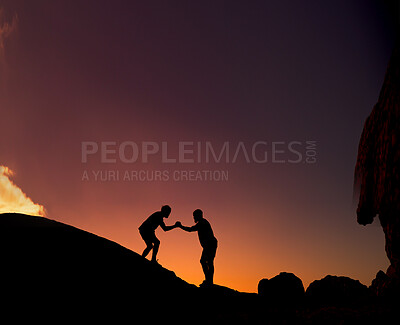 Buy stock photo Silhouette, people and help hiking on mountain for fitness, travel adventure and climbing cliff. Space, friends and exercise support of trekking journey, sunset and teamwork for backpacking challenge