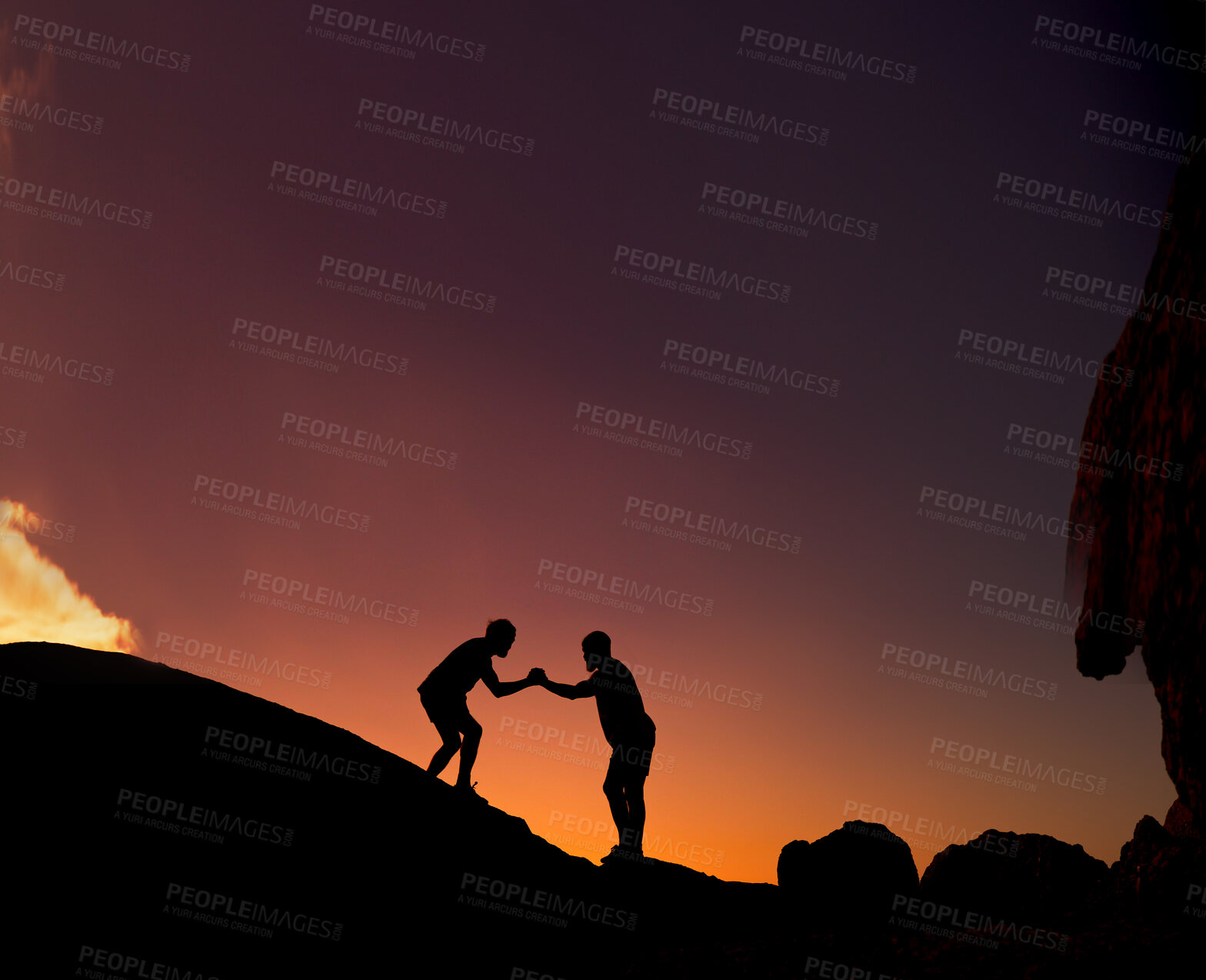 Buy stock photo Silhouette, people and help hiking on mountain for fitness, travel adventure and climbing cliff. Space, friends and exercise support of trekking journey, sunset and teamwork for backpacking challenge