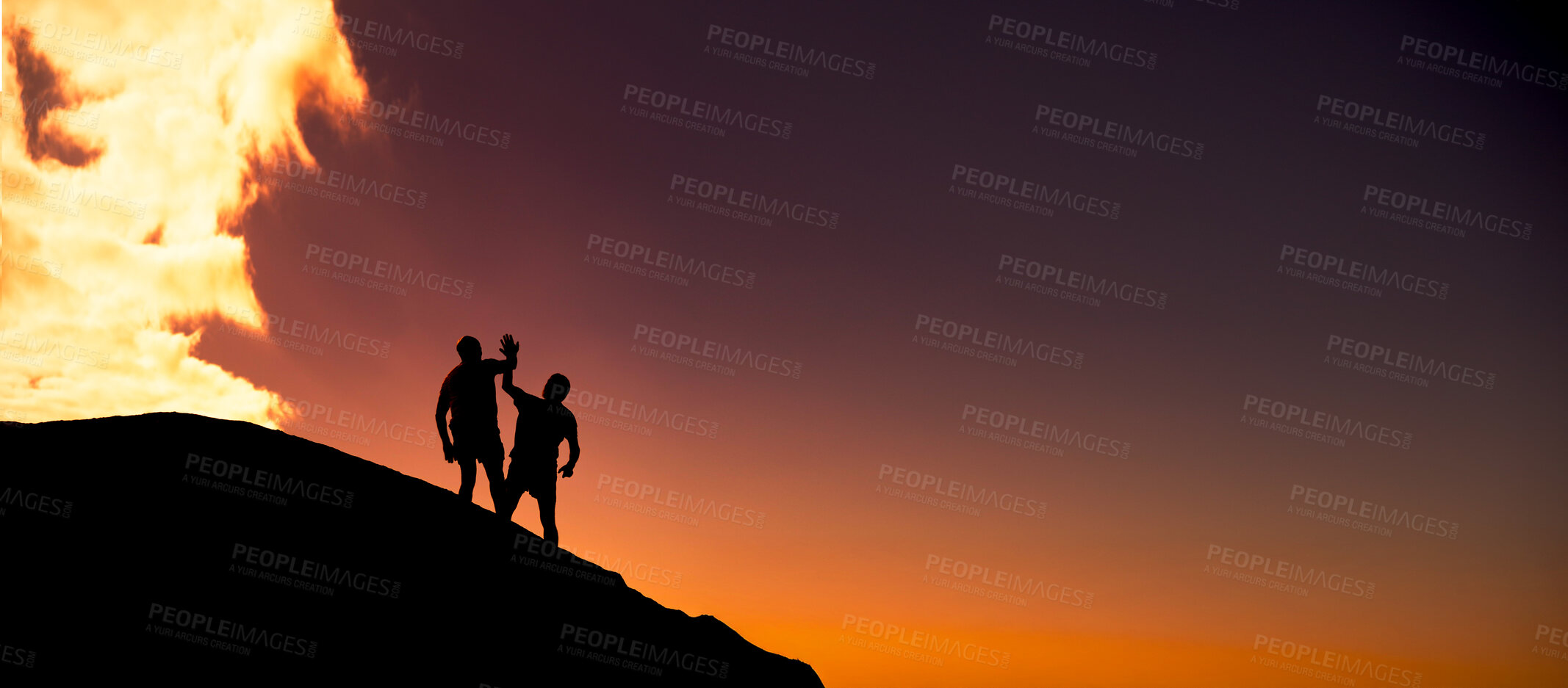 Buy stock photo Team, fitness and high five with silhouette of people in nature for runner, support and health partner. Success, exercise and wellness with friends outdoor at sunset for training, athlete and space