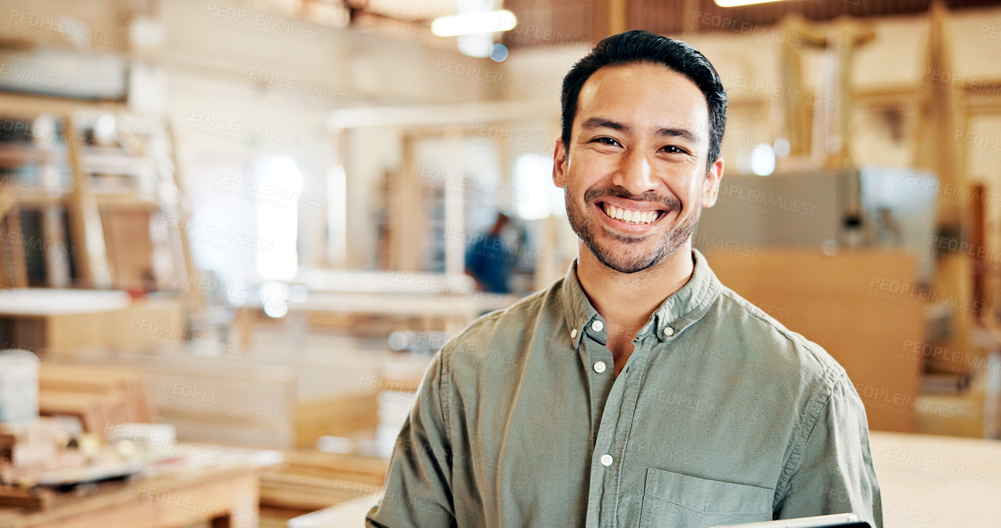Buy stock photo Portrait, artisan and man with smile, workshop and creative for furniture production or woodworking. Happy, entrepreneur and person with confidence for manufacturing, carpentry and career development