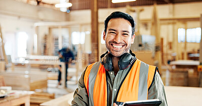 Buy stock photo Man, carpenter and tablet in portrait at factory with confidence, smile and furniture manufacturing. Person, small business owner and happy with tech for woodwork, application and excited at workshop
