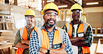 Carpenter, portrait and people with arms crossed, warehouse and happy for craftsmanship or woodwork. Confident, artisan and team with smile for production, manufacturing and career growth in factory