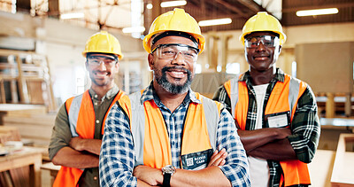 Buy stock photo Carpenter, portrait and people with arms crossed, warehouse and happy for craftsmanship or woodwork. Confident, artisan and team with smile for production, manufacturing and career growth in factory