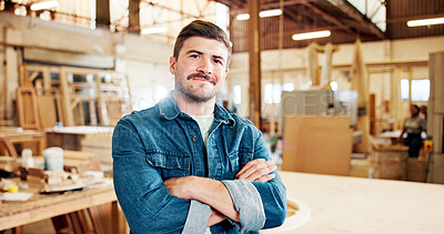 Buy stock photo Carpenter, portrait and man with arms crossed, workshop and happy for craftsmanship or manufacturing. Artisan, pride and person with smile for production, creative and career growth in small business