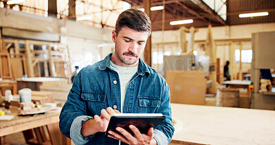 Buy stock photo Man, carpenter and tablet with click at factory, feedback or notes for furniture manufacturing. Person, technician and review with design for woodwork, application and insight for project at workshop