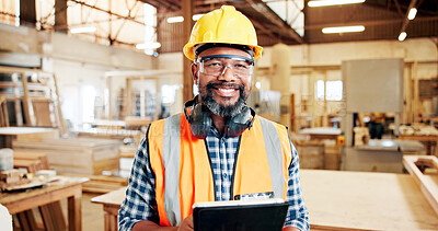 Buy stock photo Man, carpenter and tablet with smile at factory, confident or portrait for furniture manufacturing. Mature person, technician and happy with pride for woodwork, app and helmet for project at workshop