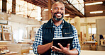 Happy man, carpenter and tablet at factory, portrait and pride for furniture manufacturing. Mature person, technician and smile with notes for woodwork, app or design review for project at workshop