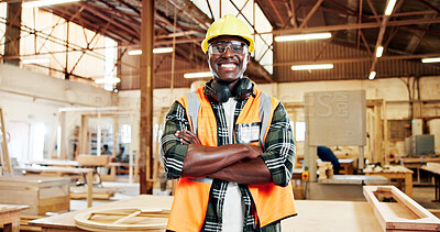 Buy stock photo Carpentry, crossed arms and portrait of black man in workshop for production, construction and woodworking. Carpenter, safety gear and person in factory for wood, lumber and timber manufacturing