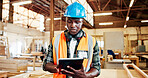 Carpenter, research and man with tablet, workshop and plan for furniture production on web or online. Small business, entrepreneur and person with tech for inventory, manufacturing and craftsmanship