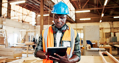 Buy stock photo Carpenter, research and man with tablet, workshop and plan for furniture production on web or online. Small business, entrepreneur and black person with tech for inventory, manufacturing and project