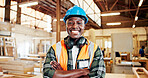 Carpentry, confident and portrait of black man in workshop for furniture repair, restoration and woodworking. Carpenter, crossed arms and happy person in factory for wood, lumber or timber production