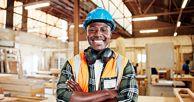 Buy stock photo Carpentry, confident and portrait of black man in workshop for furniture repair, restoration and woodworking. Carpenter, crossed arms and happy person in factory for wood, lumber or timber production