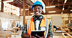 Carpentry, tablet and portrait of man in workshop for building furniture, planning and woodworking. Carpenter, safety gear and person on digital tech in factory for wood, lumber and timber production