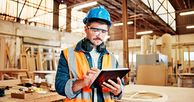 Buy stock photo Carpenter, online and man with tablet, workshop and plan for furniture production on web or research. Serious, entrepreneur and person with tech for inventory, scroll and project in small business