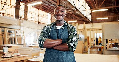 Buy stock photo Artisan, portrait and man with arms crossed, happy and workshop for production, pride and carpentry. Confident, entrepreneur and person with smile for woodwork, manufacturing and career development