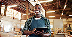 Carpenter, portrait and man with tablet, workshop and planning for furniture production or research. Small business, artisan and black person with tech for inventory, manufacturing and craftsmanship
