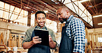 Carpentry, talking and people on tablet in workshop for planning, construction and woodworking business. Carpenter, teamwork and men on digital tech for online inventory for timber, lumber and wood