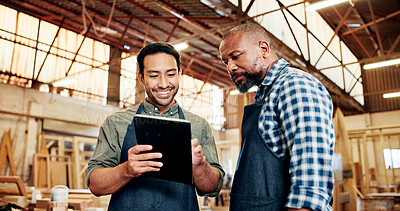Buy stock photo Carpentry, talking and people on tablet in workshop for planning, construction and woodworking business. Carpenter, teamwork and men on digital tech for online inventory for timber, lumber and wood