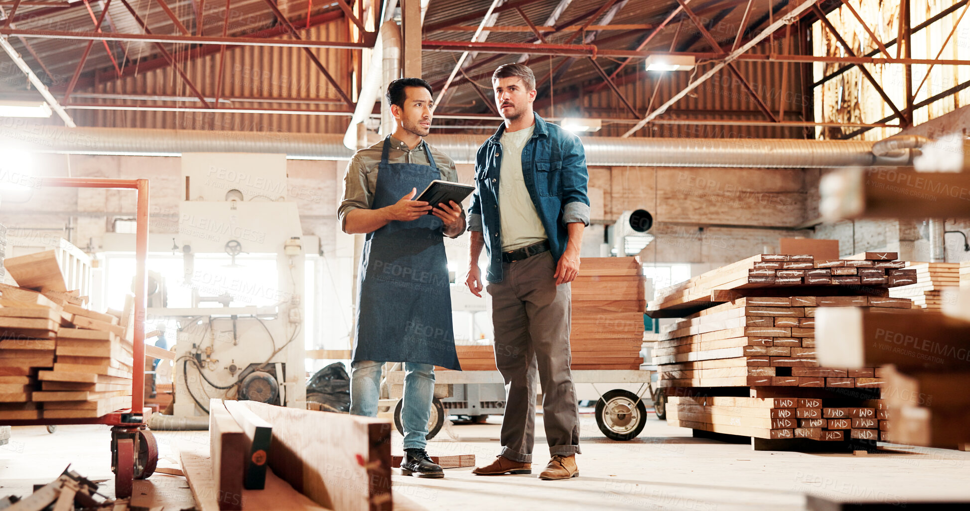 Buy stock photo Carpentry, meeting and people on tablet in factory for planning, construction and woodworking business. Carpenter, teamwork and men on digital tech for online inventory for timber, lumber and wood