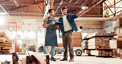 Buy stock photo Carpentry, planning and men on tablet in workshop for meeting, construction and woodworking. Carpenter team, pointing and people on digital tech for online inventory for timber, lumber or instruction