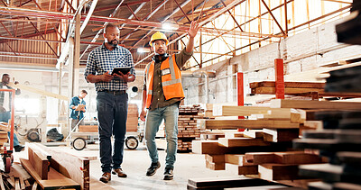 Buy stock photo Carpentry, pointing and people on tablet in workshop for planning, construction and woodworking business. Carpenter, team and men on digital tech for online inventory for timber, lumber and meeting