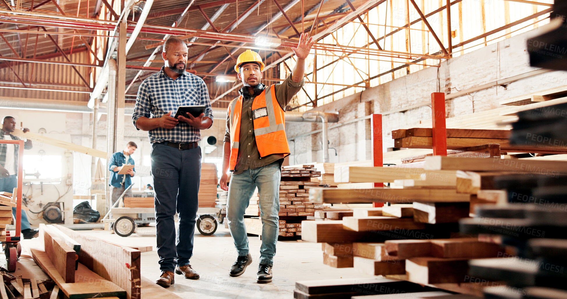 Buy stock photo Carpentry, pointing and people on tablet in workshop for planning, construction and woodworking business. Carpenter, team and men on digital tech for online inventory for timber, lumber and meeting