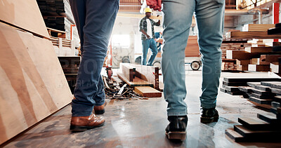 Buy stock photo Carpentry, walking and legs of people in factory for woodworking, timber production and teamwork. Carpenter, collaboration and back of workers in workshop for lumber, wood and construction business