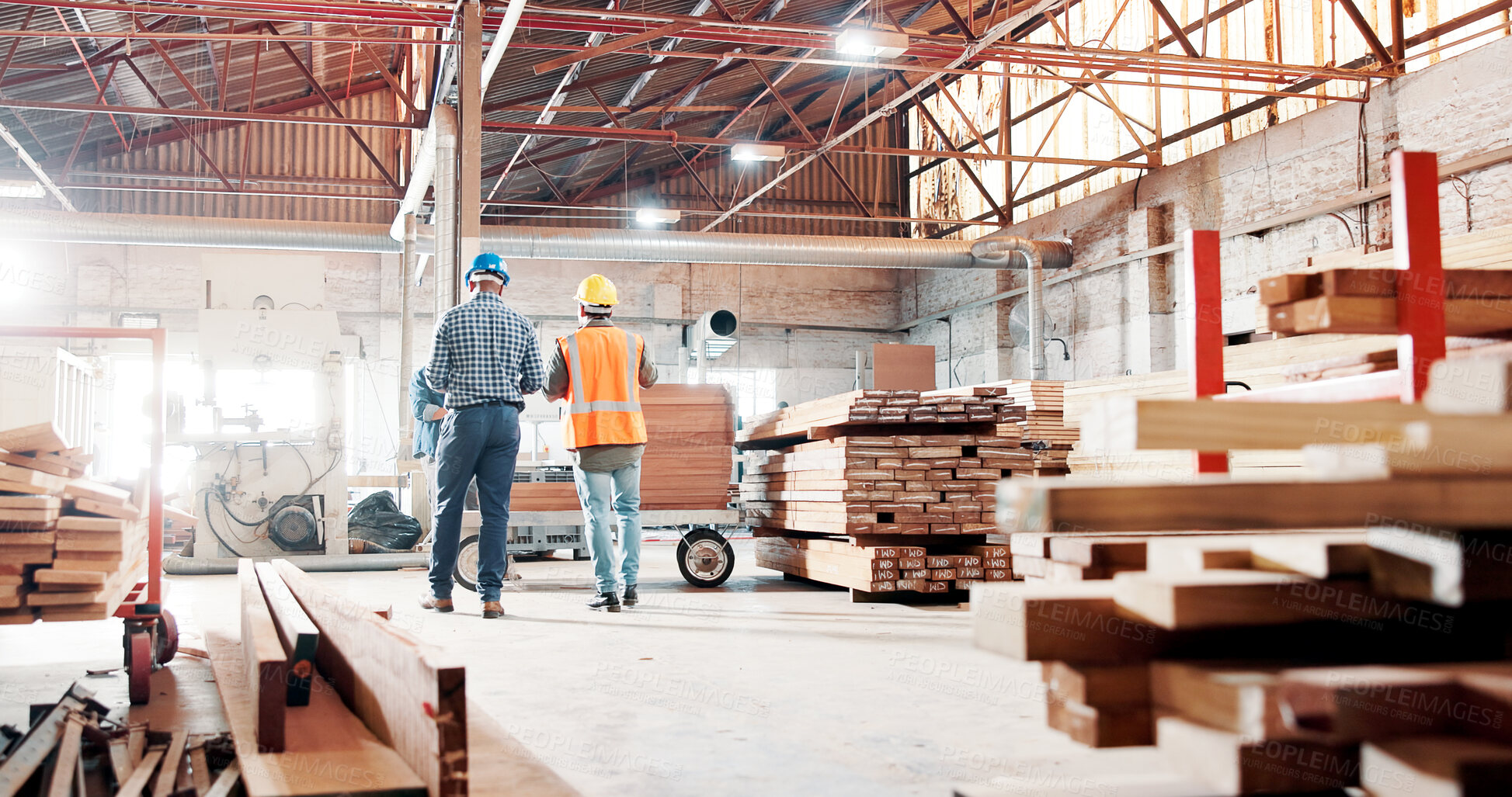 Buy stock photo Business people, carpenter and warehouse with wood for furniture construction or production. Back view, employees or carpentry with timber, lumber or woodwork for DIY manufacturing or development