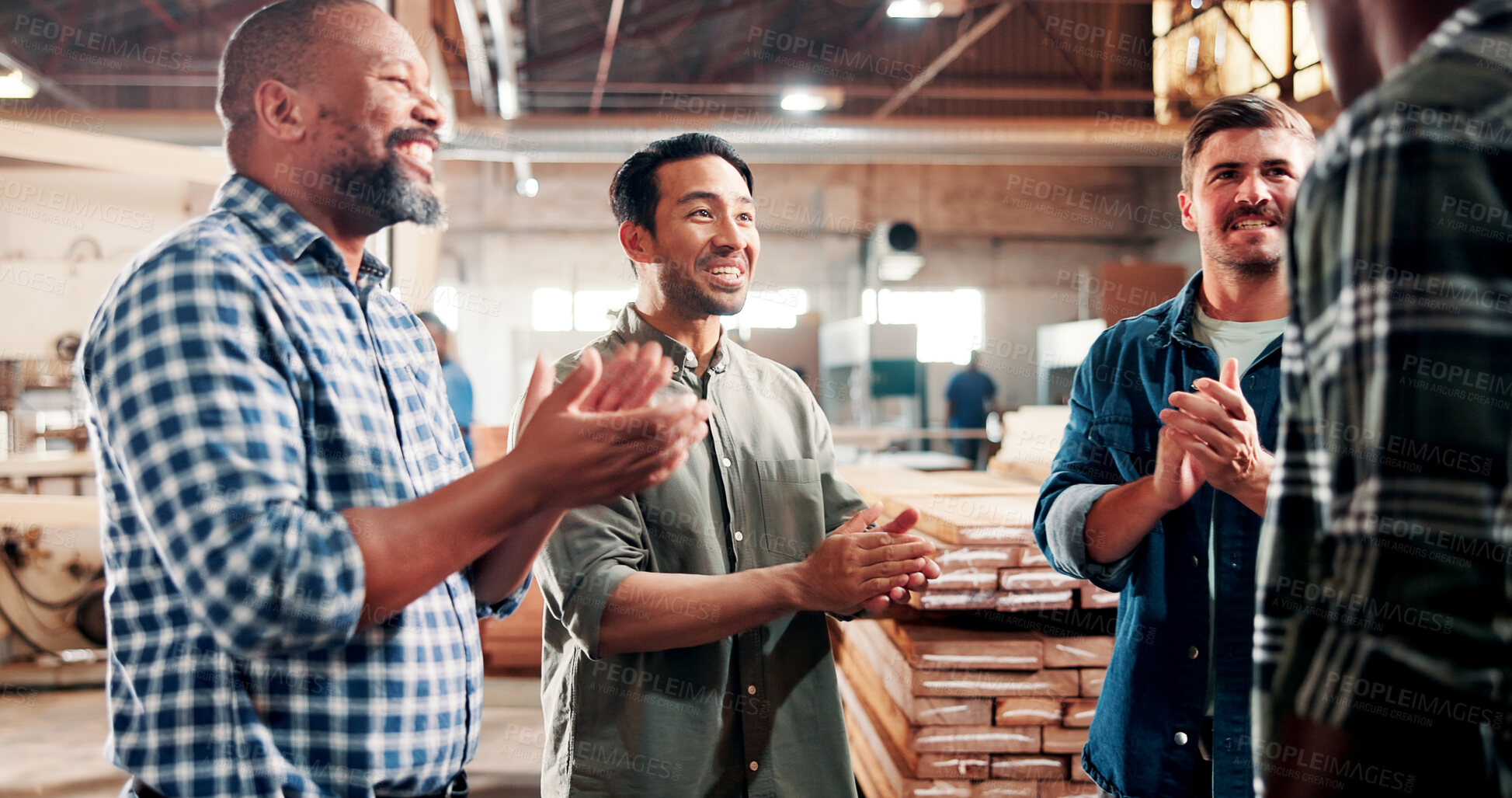 Buy stock photo Carpentry, applause and people in meeting in workshop for woodworking, timber business and success. Carpenter, collaboration and workers clapping hands for lumber production, support and promotion
