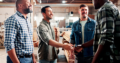 Buy stock photo Carpentry, handshake and men in meeting in workshop for woodworking, timber business and agreement. Carpenter, collaboration and people shaking hands for lumber production, deal and partnership