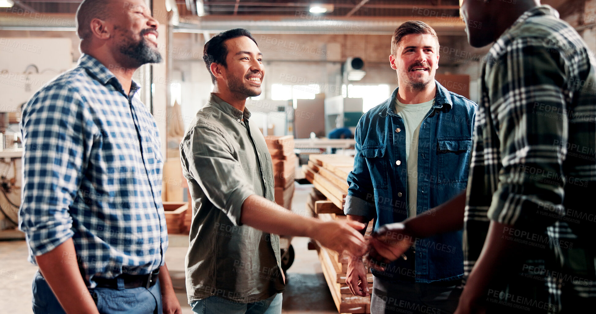Buy stock photo Carpentry, handshake and men in meeting in workshop for woodworking, timber business and agreement. Carpenter, collaboration and people shaking hands for lumber production, deal and partnership
