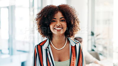 Buy stock photo Portrait, media agency and woman in office, smile and creative project with about us. Person, copywriting and journalist in workplace, happiness and career ambition with magazine editor and startup