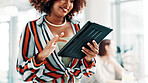 Fashion design, hands and tablet with woman in office to search clothing trends for market research. App, scroll and style inspiration with happy designer in creative workplace for apparel business