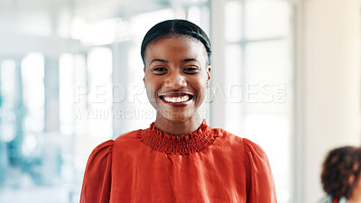 Buy stock photo Portrait, media agency and woman in office, creative project and career ambition with about us. Person, copywriting and journalist in workplace, happiness and reporter with magazine editor and pride