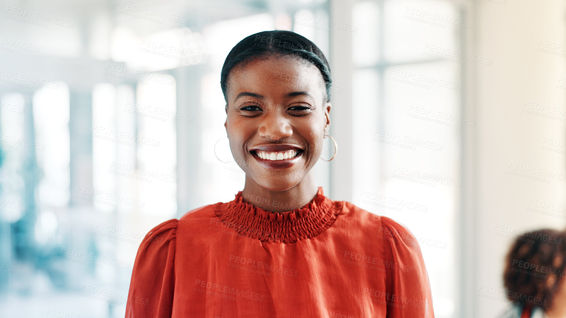 Buy stock photo Portrait, media agency and woman in office, creative project and career ambition with about us. Person, copywriting and journalist in workplace, happiness and reporter with magazine editor and pride