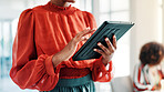 Hands, tablet and business woman in office for event planning, guest list or check schedule. Technology, person and organizer in workplace to scroll email, vendor coordination and venue research