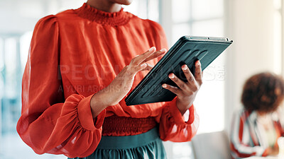 Buy stock photo Hands, tablet and business woman in office for event planning, guest list or check schedule. Technology, person and organizer in workplace to scroll email, vendor coordination and venue research